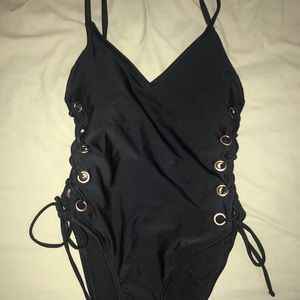 Black Lace Up One Piece Swimsuit